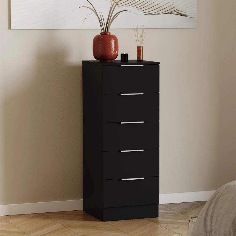 Image of Lassic Trega 5 Drawer Narrow Chest of Drawers Black unisex 5 Drawer