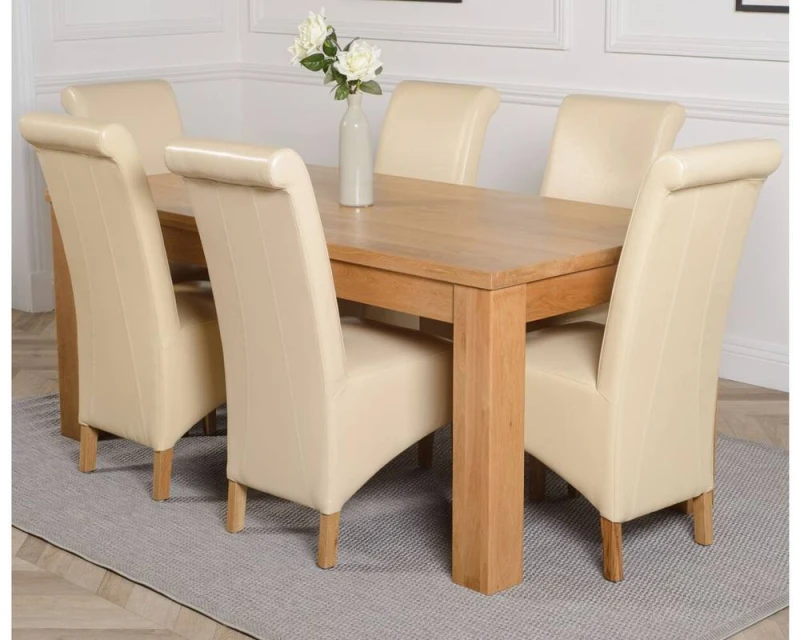 Image of Thats Furniture Dakot 182 x 92cm Oak Large Dining Table & 6 Montana Leather Chairs in Cream Size: 182 x 92cm Cream Unisex 182 x 92 cm
