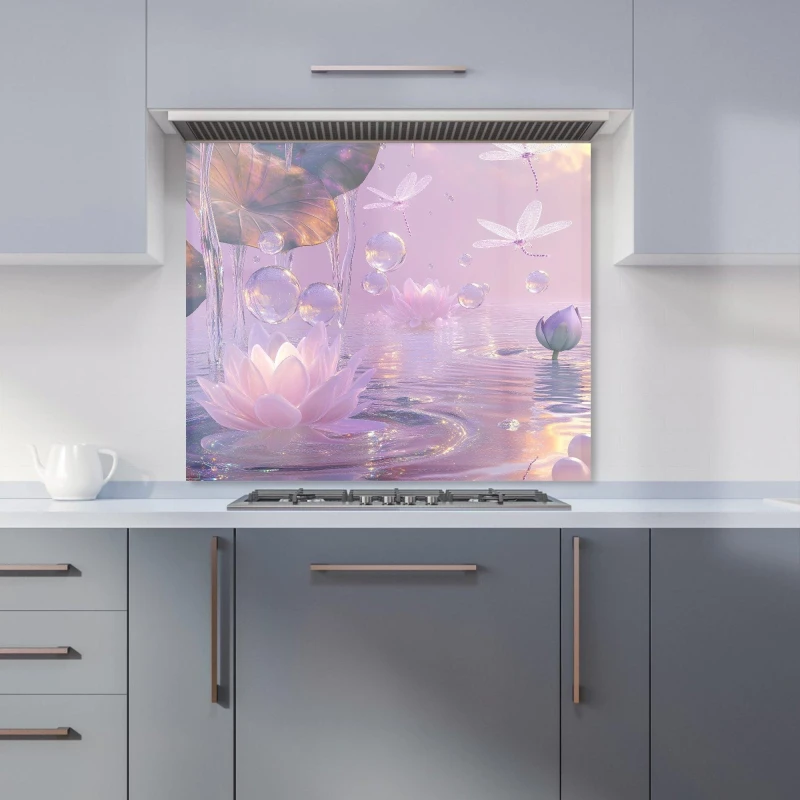 Image of Warren Reed - Designer Enchanted Waterlilies & Bubbles Kitchen Splashback in Purple Size: 900mm x 750mm Purple Unisex 900mm x 750mm