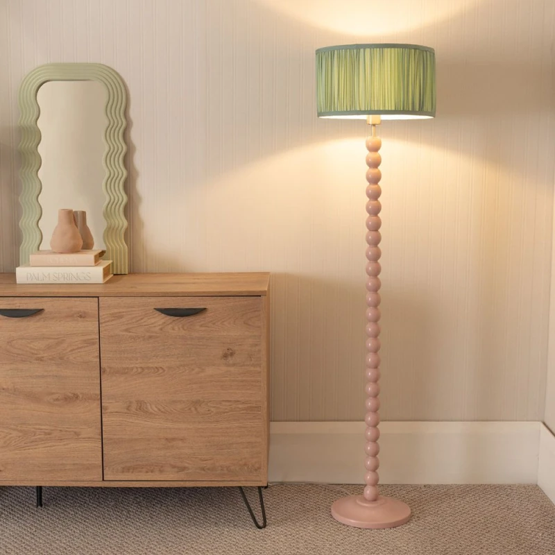 Image of ValueLights Bobbins Painted Rose Floor Lamp with Ruched Pleated Drum Lamp Shade Pale Green