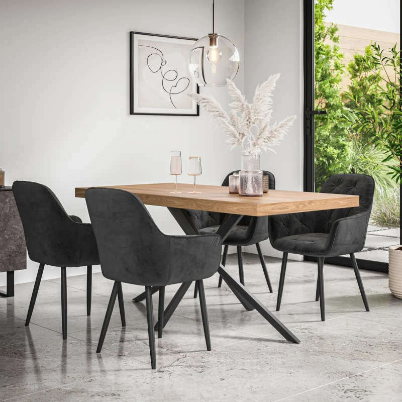 Image of More4Homes Donni Dining Table And Chairs - Oak Effect Table Top W Black Legs + Anika Velvet Dining Chair Set Of 6 (Black)
