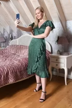 Image of Green Leopard Print Satin Wrap Midi Dress