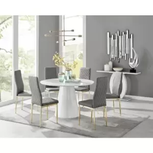 Image of Furniturebox Palma White High Gloss 6 Seat Minimalist Post Modern Round Dining Table & 6 Grey Milan Gold Leg Faux Leather Chairs