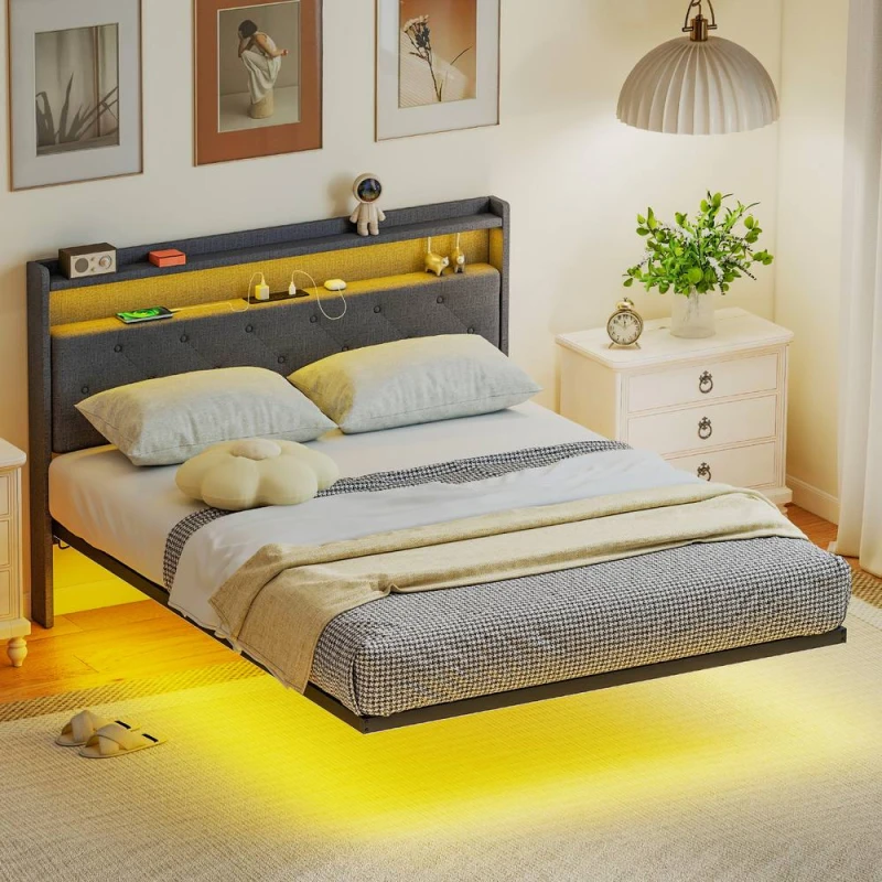 Image of HOMCOM Floating Bed Frame with RGB Lights, Upholstered Double Size Bed, Grey Grey Unisex Double
