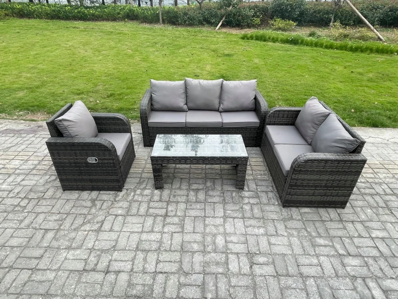 Image of Fimous 6 Seater Outdoor Rattan Garden Furniture Set Rattan Lounge Sofa Set with Rectangular Coffee Table Reclining Chair Dark Grey Mixed Dark Grey
