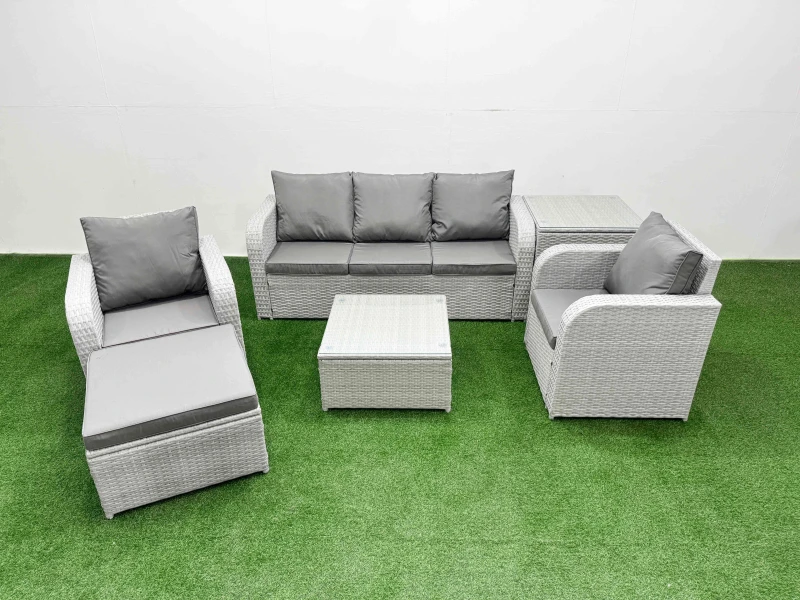Image of Fimous PE Rattan Garden Furniture Set Reclining Chair Sofa Lounge Sofa Set Square Coffee Table Side Table Big Footstool Light Grey Light Grey