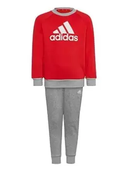 Image of Boys, adidas Younger Kids Essentials Badge Of Sport Crew & Jogger Set - Bright Red, Bright Red, Size 7-8 Years