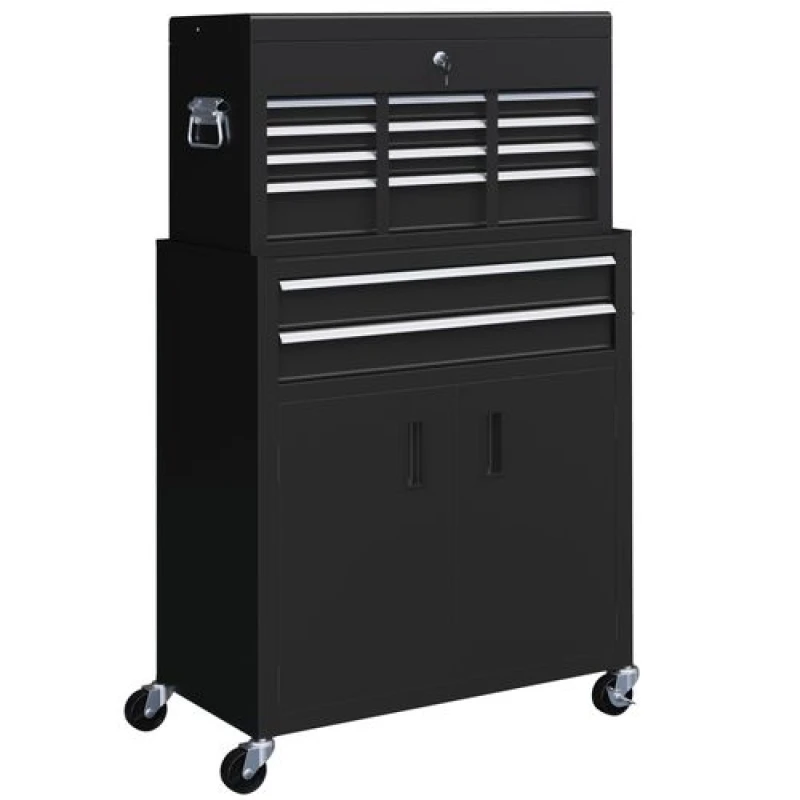 Image of HOMCOM Top Chest and Roller Cabinet Combo Metal Tool Cabinet on Wheels Black - Homcom 5056725588922