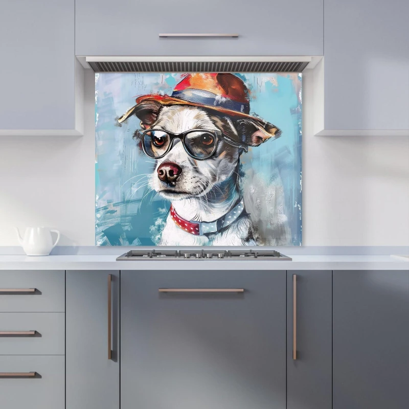 Image of Warren Reed - Designer Quirky Pup with a Fedora Kitchen Splashback Size: 900mm x 650mm Multicolor Unisex 900mm x 650mm