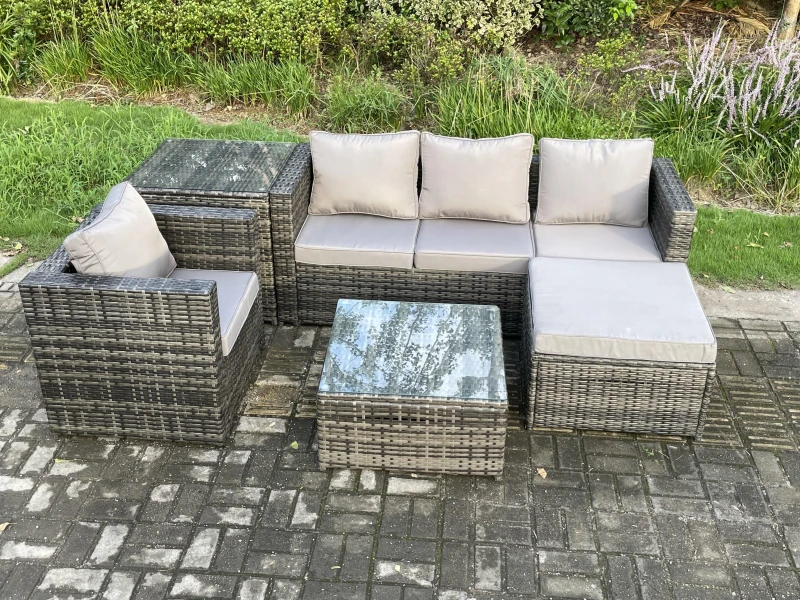 Image of Fimous Rattan Garden Furniture Set 5 Seater Patio Outdoor Lounge Sofa Set with Side Table Square Coffee Table Big Footstool Dark Grey Mixed Dark Grey