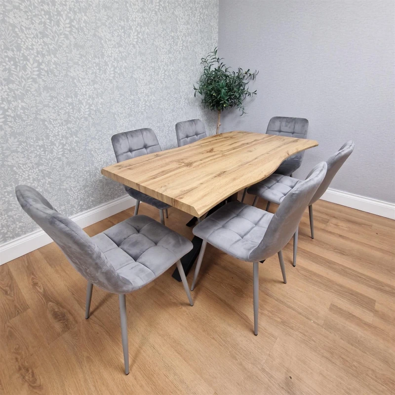 Image of Kosy Koala 7 Piece Dining Set, Brown Wooden Table With 6 Grey Tufted Velvet Chairs, Multi DK117+6GY ROCCO