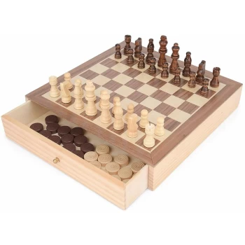 Image of Wooden Chess and Draughts 2-in-1 Game Board Set - Toyrific