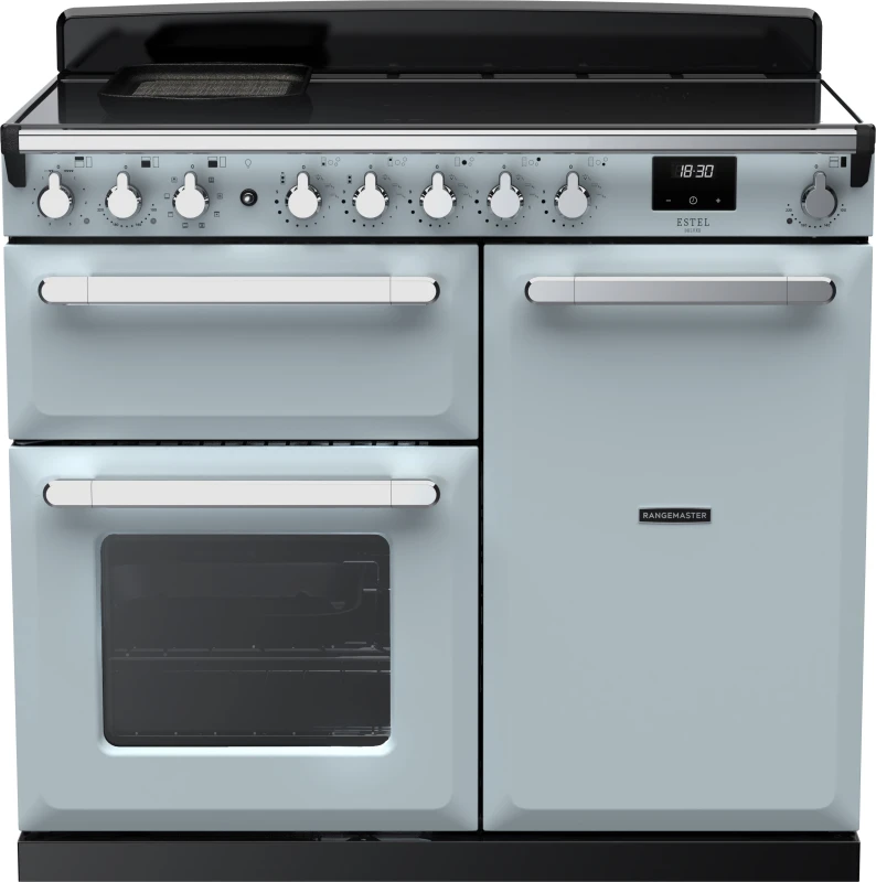 Image of Rangemaster Estel Deluxe ESDL100EIPMSB/CM1 100cm Electric Range Cooker with Induction Hob - Misty Blue / Chrome - A/A Rated