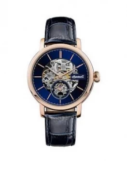 Image of Ingersoll Ingersoll 1892 The Smith Blue and Rose Gold Detail Skeleton Automatic Dial Blue Leather Strap Mens Watch, One Colour, Men