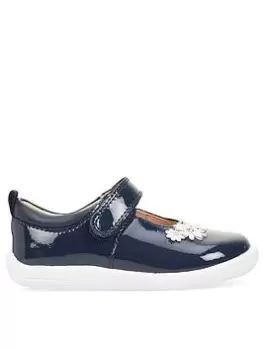 Image of Start-rite Fairy Tale Girls Navy Blue Patent Leather Flower Detail Mary Jane Riptape Shoes - Navy Blue, Navy Patent, Size 4.5 Younger