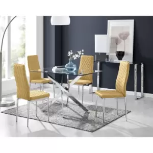 Image of Furniturebox UK - Furniturebox Leonardo 4 Chrome Leg Glass Dining Table and 4 Mustard Milan Velvet Dining Chairs Diamond Stitch Modern Contemporary