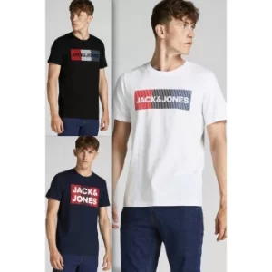 Image of Jack and Jones Pack of 3 White/Black/Navy Printed T-Shirts