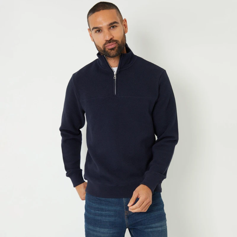 Image of Threadbare Textured Quarter Zip Sweatshirt - Blue Blue L