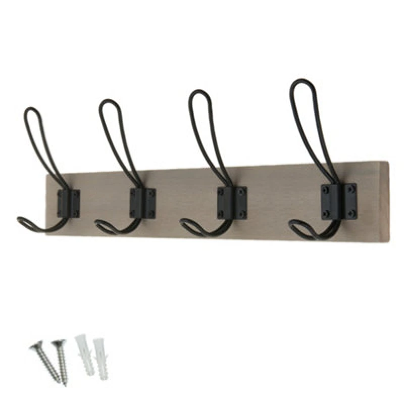 Image of Keypak Wall Mounted Coat Rack, Rustic & Industrial Decor - 4 Double-Wire Coat Hooks On 45Cm Wooden Board (Light Grey Ash)