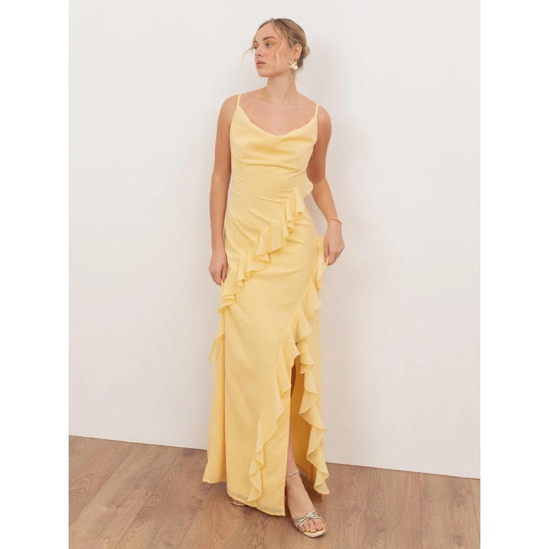 Image of Anaya with Love Womens Waterfall Ruffle Cowl Neck Cami Maxi Dress in Yellow Size: 14 Yellow Female 14