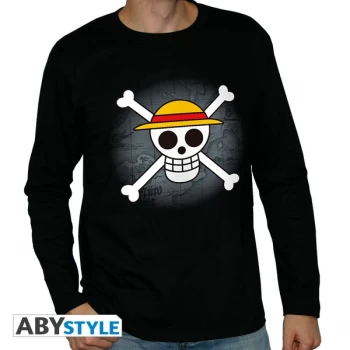 Image of One Piece - Skull With Map Mens Medium Long Sleeve T-Shirt - Black