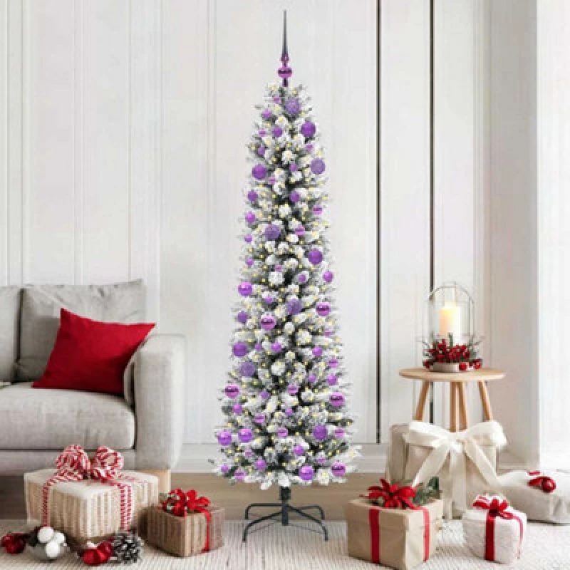 Image of vidaXL Artificial Christmas Tree with 300 LEDs, Lilac Balls Green and white 180 cm, Green 3396111