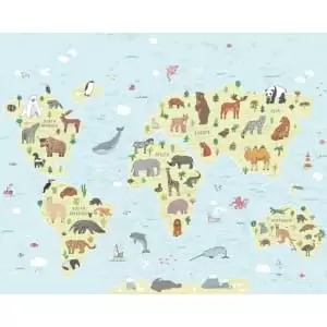 Image of Childrens World Map Blue Wall Mural - 3m x 2.4m
