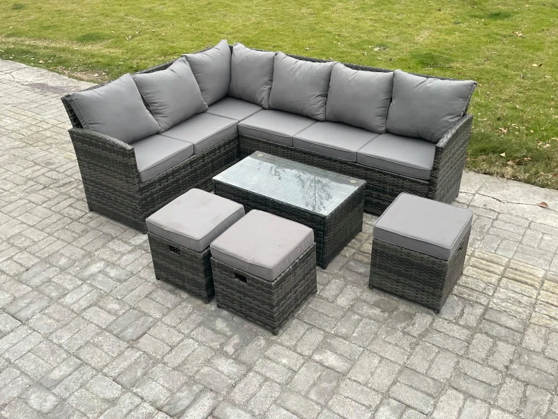 Image of Fimous Rattan Lounge Corner Sofa Set Wicker PE Outdoor Garden Furniture Set with Rectangular Coffee Table 3 Small Footstools Dark Grey
