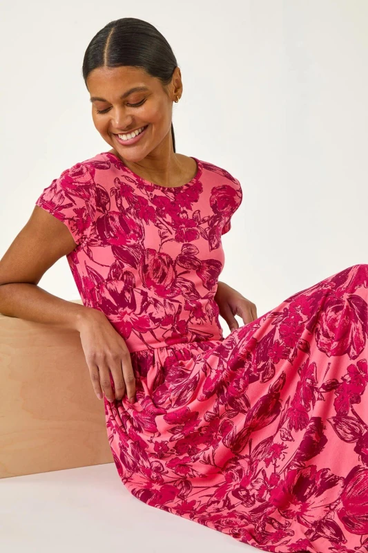 Image of Roman Floral Print Pocket Midi Dress Pink