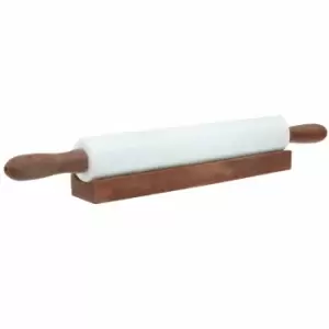 Image of Interiors by PH Ziarat Marble Rolling Pin With Wooden Handles And Stand - White