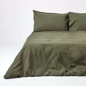 Image of Khaki Green Linen Duvet Cover Set, Single - Green - Green - Homescapes