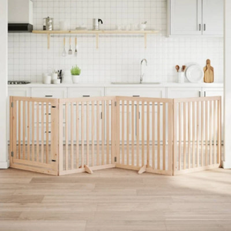 Image of vidaXL Dog Gate with Door Foldable 4 Panels 320cm Poplar Wood, Brown 352243