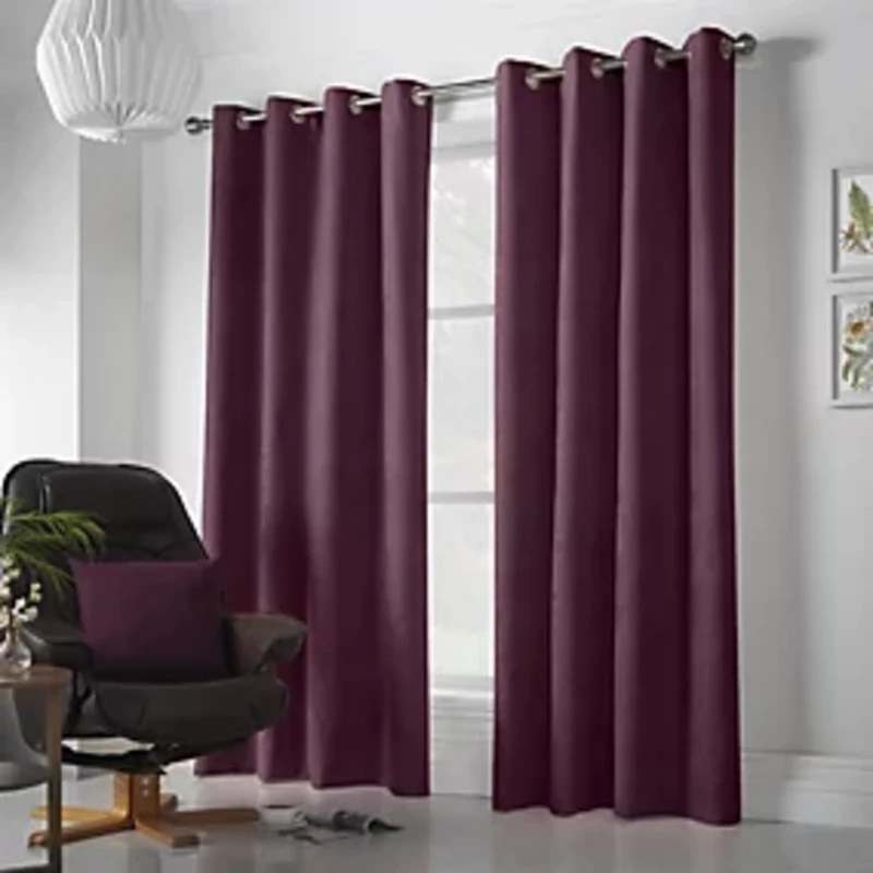 Image of Velvet Chenille Ready Made Eyelet Curtains Aubergine