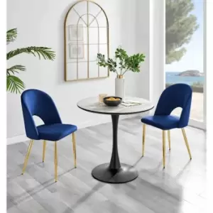 Image of Furniture Box Elina White Marble Effect Round Dining Table and 2 Blue Arlon Gold Leg Chairs