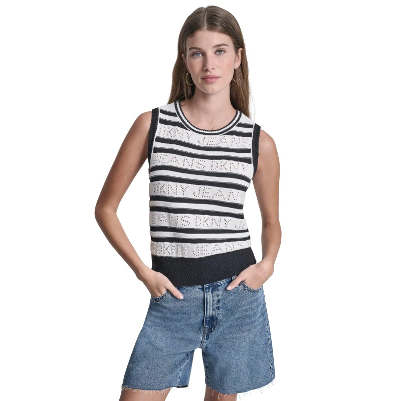 Image of DKNY Jeans Logo Pointelle Striped Sleeveless Sweater Ivory/Black female 8 (XS)