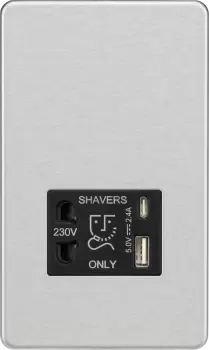 Image of Knightsbridge Shaver socket with dual USB A+C (5V DC 2.4A shared) - brushed chrome with Black insert - SF8909BC
