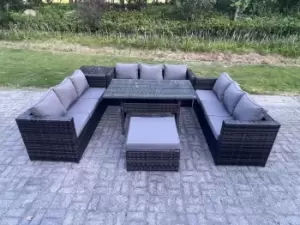 Image of Fimous 9 Seater Outdoor Dark Grey Wicker Rattan Lounge Sofa Set with Patio Dining Table and Big Footstool