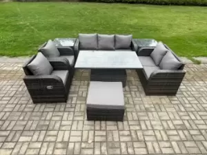 Image of Fimous 7 Seater Outdoor Dark Grey Rattan Lounge Complete Sofa Set with Height Adjustable Dining Table