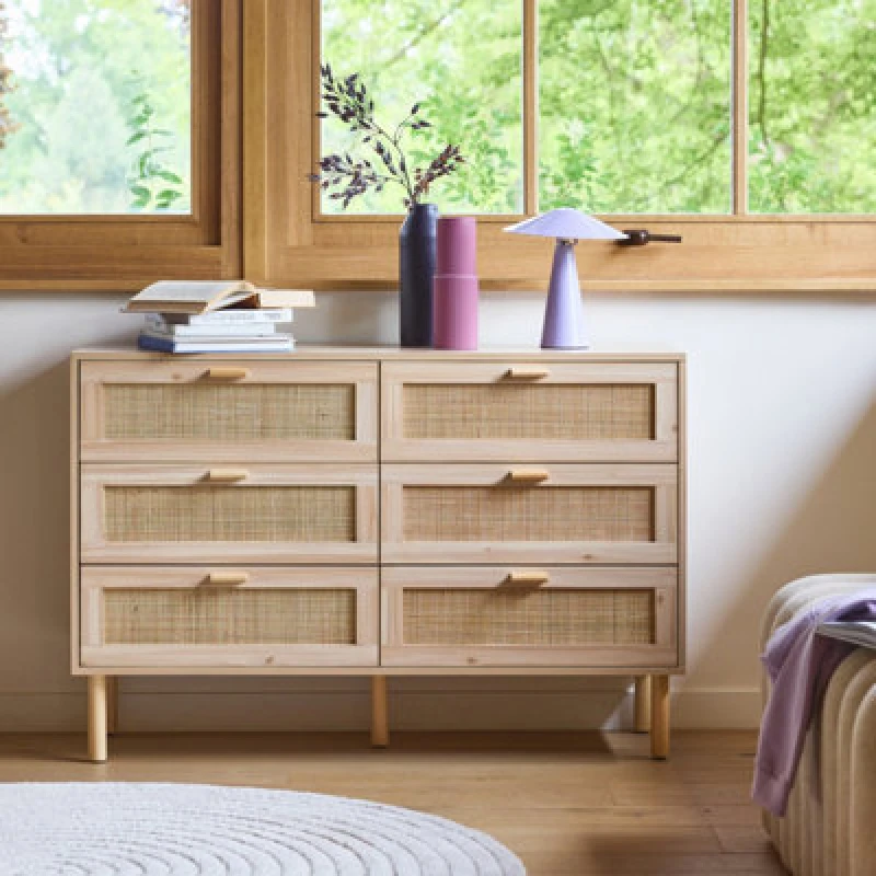 Image of sweeek 6-drawer Chest With Cane And Wooden Effect Beige
