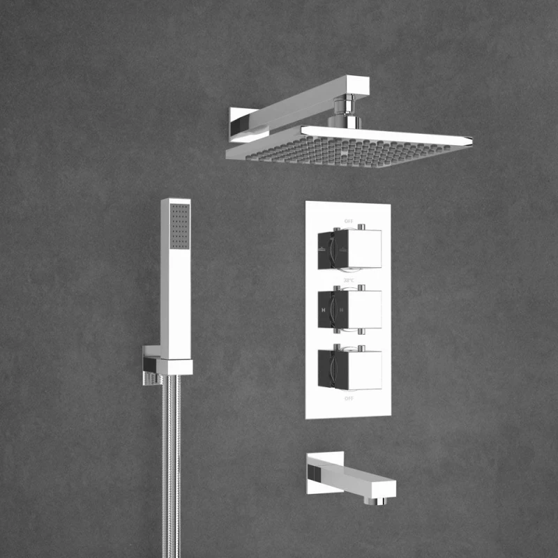 Image of Nes Home Lilly Chrome 3 Dial 3 Way Square Concealed Thermostatic Mixer Valve Square Handset Bath Filler & Square Shower Head in Silver Silver Unisex