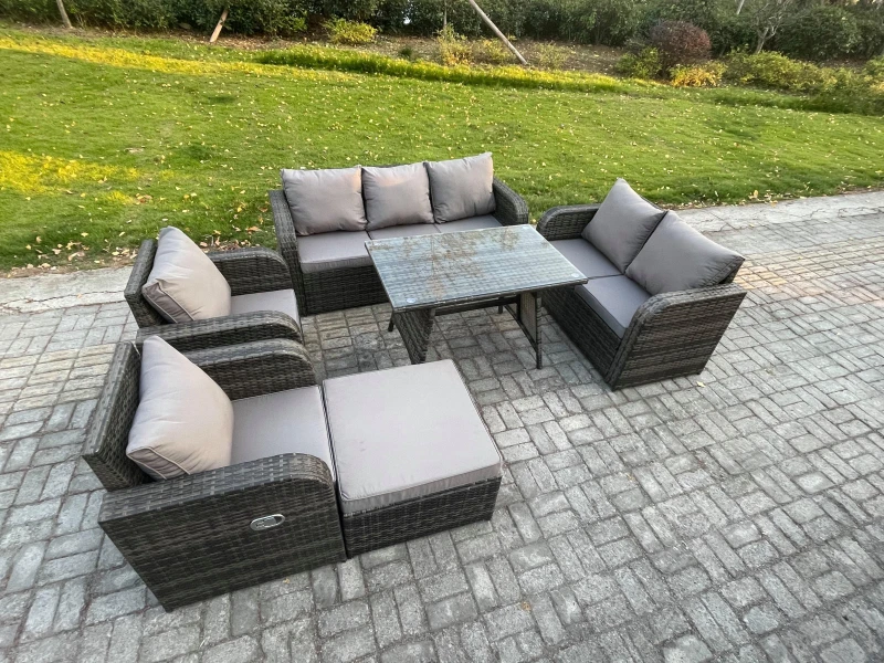 Image of Fimous 8 Seater High Back PE Rattan Sofa Set Outdoor Garden Furniture Dining Table Set With Reclining Chair 3 Seater Sofa Dark Grey