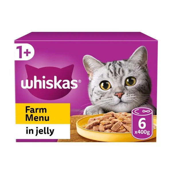Image of Whiskas Cat Tins Farm Menu in Jelly Cat Food 6 x 400g
