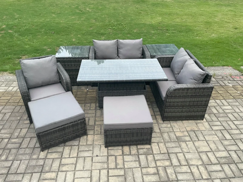 Image of Fimous Wicker PE Rattan Furniture Garden Dining Set Outdoor Height Adjustable Rising lifting Table Love Sofa With Reclining Chair Dark Grey