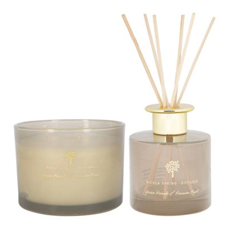 Image of Nicola Spring Scented Candle & Reed Diffuser Set - 350G - Green Pomelo & Passion Fruit - Fruity Fresh Fragrance Double Wick