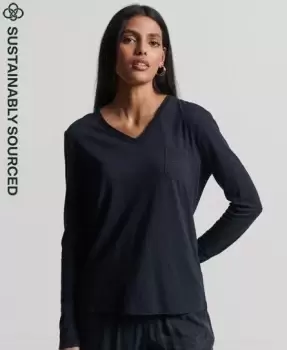 Image of Superdry Womens Organic Cotton Long Sleeve Pocket V-Neck Top Navy / Eclipse Navy - Size: 12
