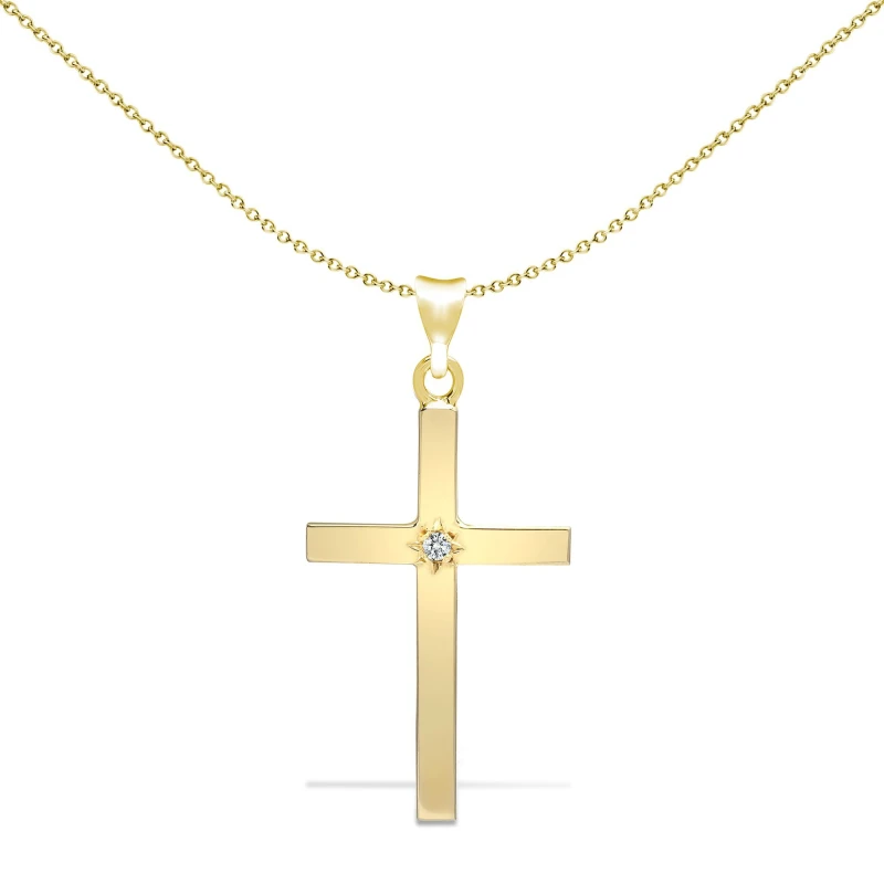 Image of Jewelco London 9ct Gold 0.05ct Diamond Solitaire Cross Pendant - 9X059 Gold