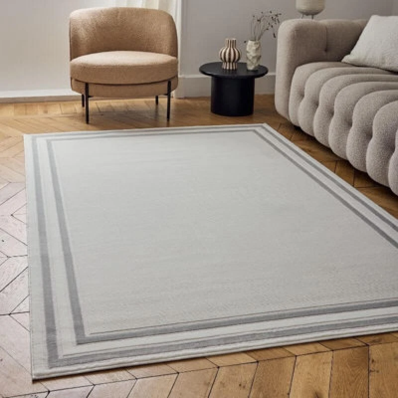 Image of THE RUGS Carmel Modern Area Rugs & Runners Bordered Design Soft Pile in Grey Size: 120cm x 170cm Grey Unisex 120cm x 170 cm