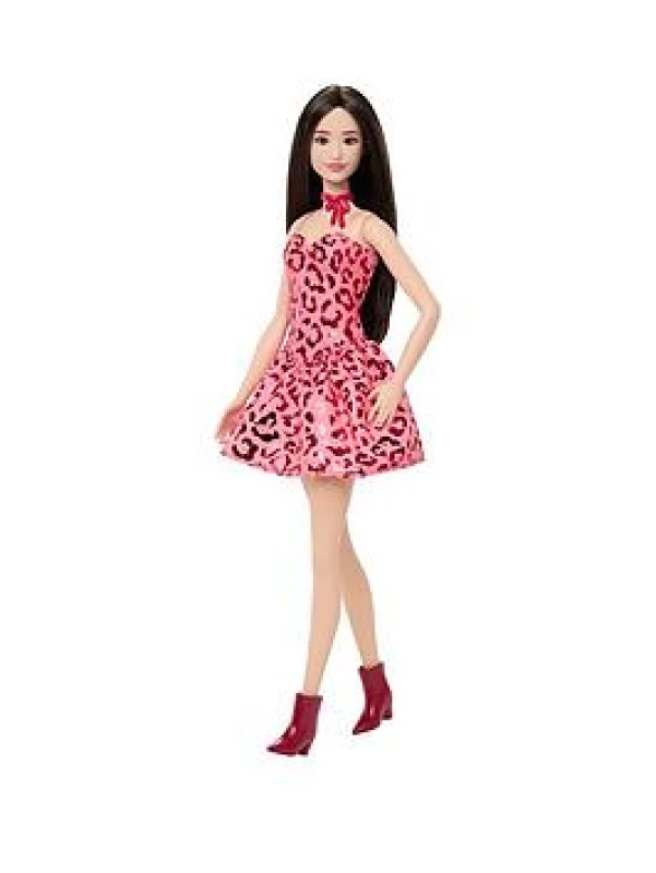 Image of Barbie Fashionistas Doll #246 with Black Hair Pink Leopard Print Strapless Dress with Accessories like Tie Necklace and Boots JJN59