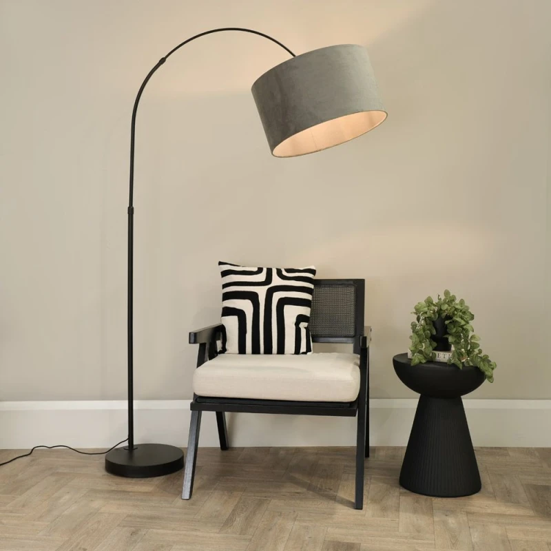 Image of ValueLights Louis Black Arched Curved Floor Lamp with Velvet Drum Lamp Shade and LED Bulb Grey