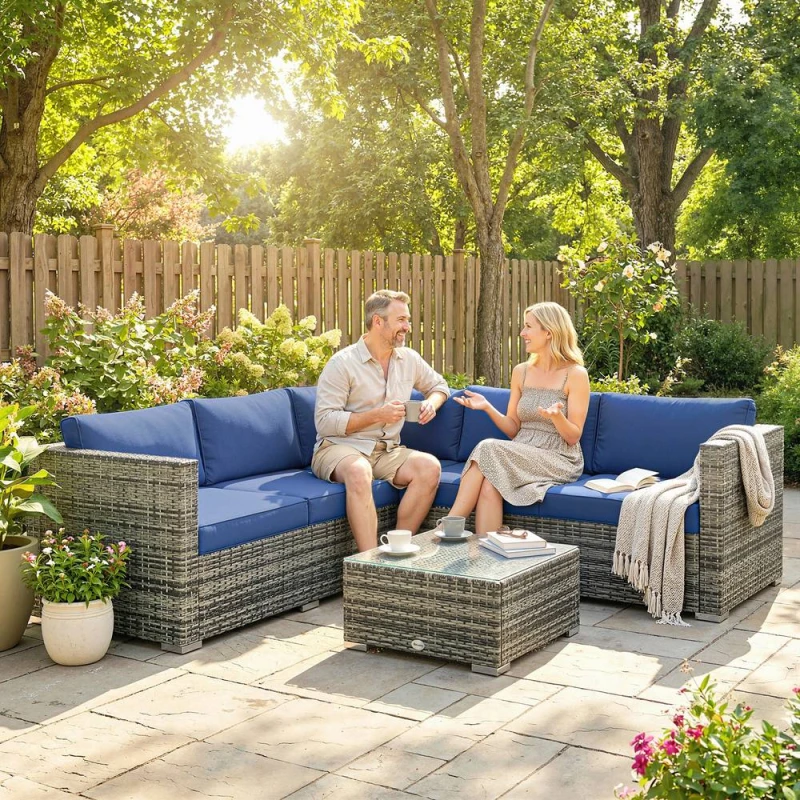 Image of OUTSUNNY 4 Pieces Rattan Garden Furniture Sofa Set with Coffee Table Blue Blue Unisex